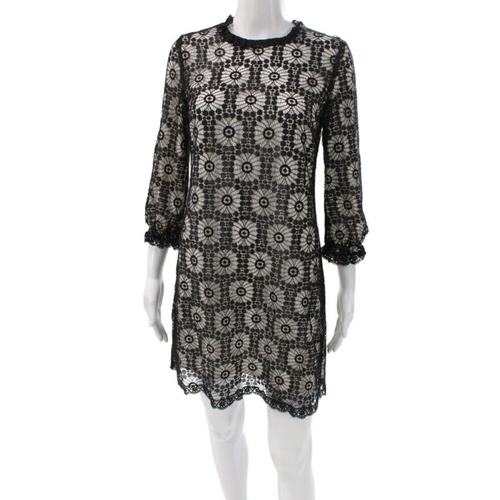 Thread Social Womens Shift Dress Black Lace Floral Knee 3/4 Sleeve Size 6